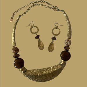 Gold and brown necklace and earrings
